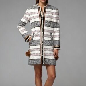 Zara Boucle Tweed Sequin Fringe Long Open Jacket‎ Embellished Striped Coat XS